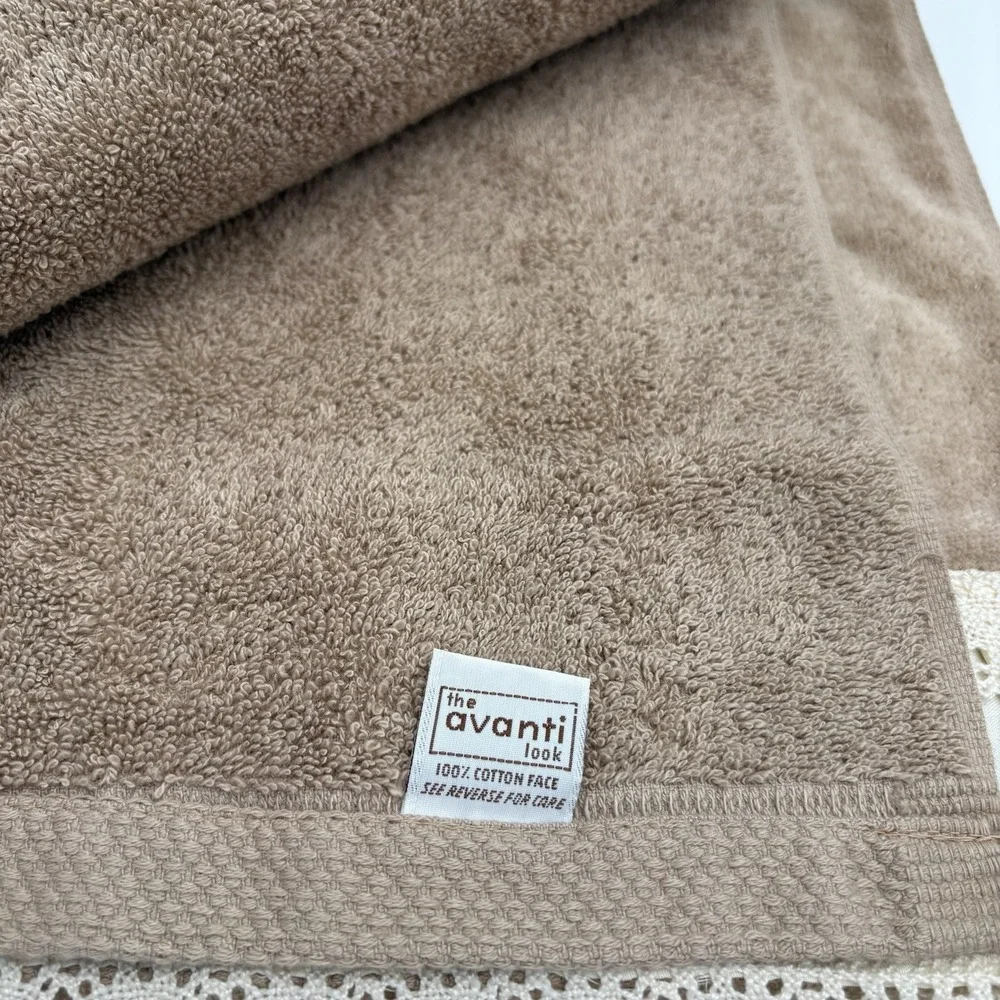 Vintage The Avanti‎ Look Tan/ Beige Towel 3 Pc Bath Washcloth Satin Lace Trim